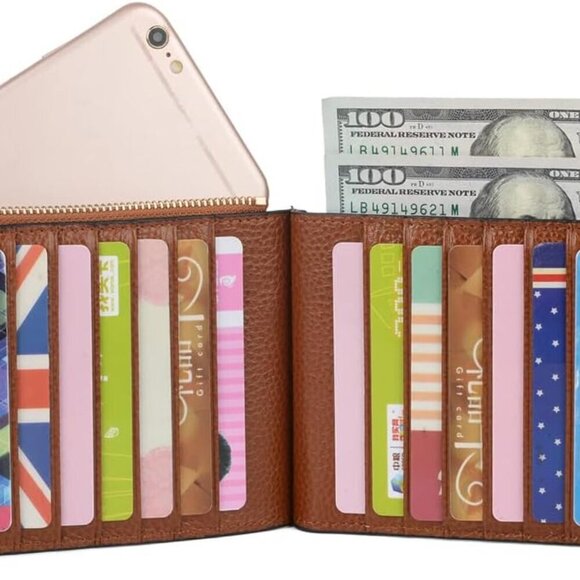 RFID Blocking Leather Women Women\'s Leather RFID Blocking Wallet Card Holder Zipper Coin Purse Organizer